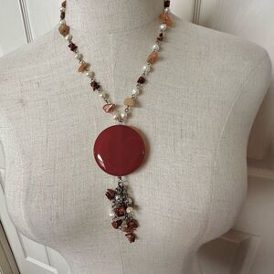 Carnelian pearl and goldstone beaded pendant necklace
